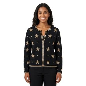 First Issue Sweater Women's Size Medium Black Gold‎ Metallic Stars  Cardigan Y2K